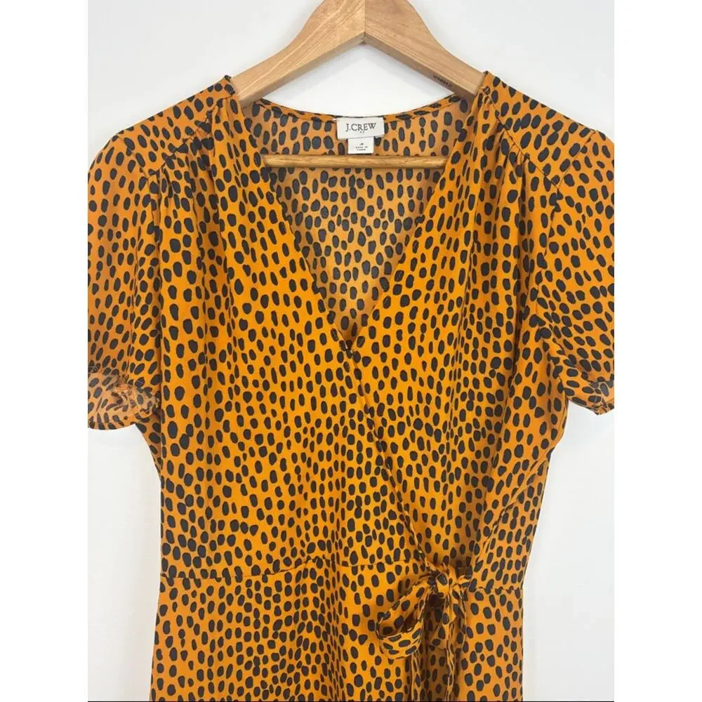 J.Crew Animal Print Wrap Dress Orange Black Cheetah Short Sleeve Size 4 Office